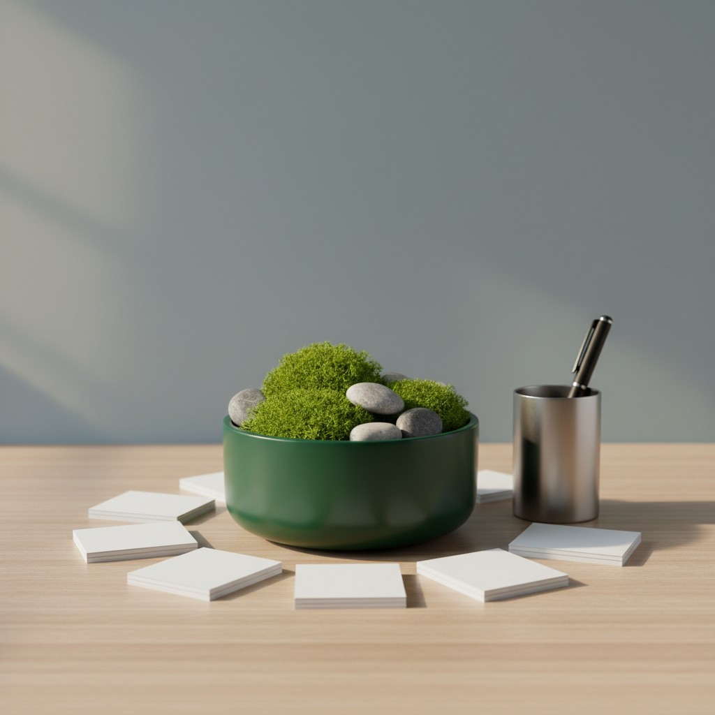 There are small rocks in a bowl with greenery and leafless branches next to a mortar and pestle on a table in a natural li...
