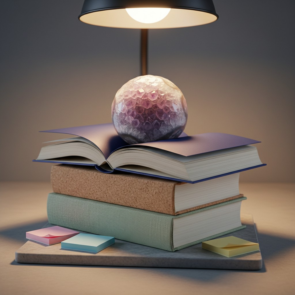A stack of books under a table lamp, adorned with small sticky notes and a crystal sphere.