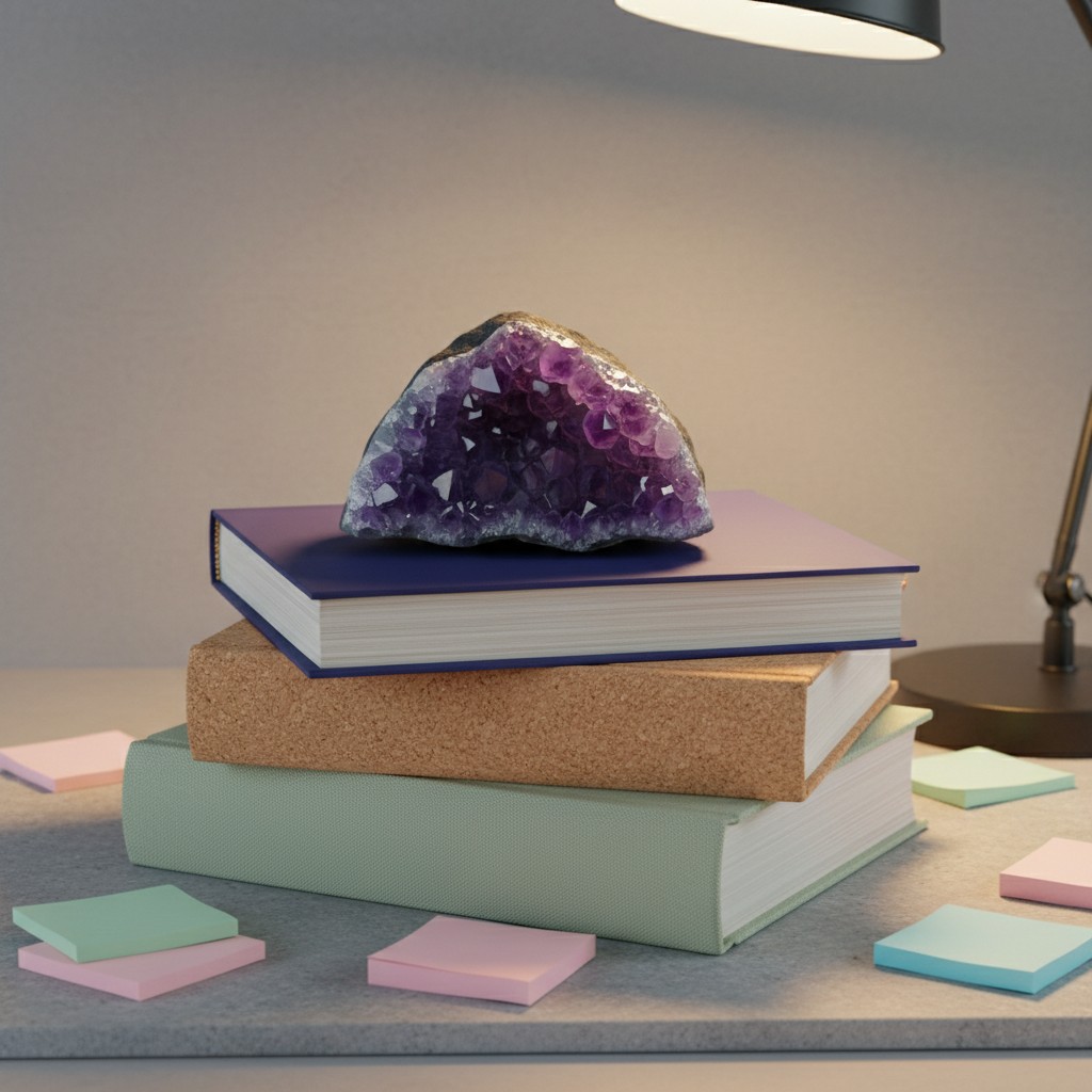 A stack of books with a geode and lamp on them, surrounded by pastel-colored sticky notes.