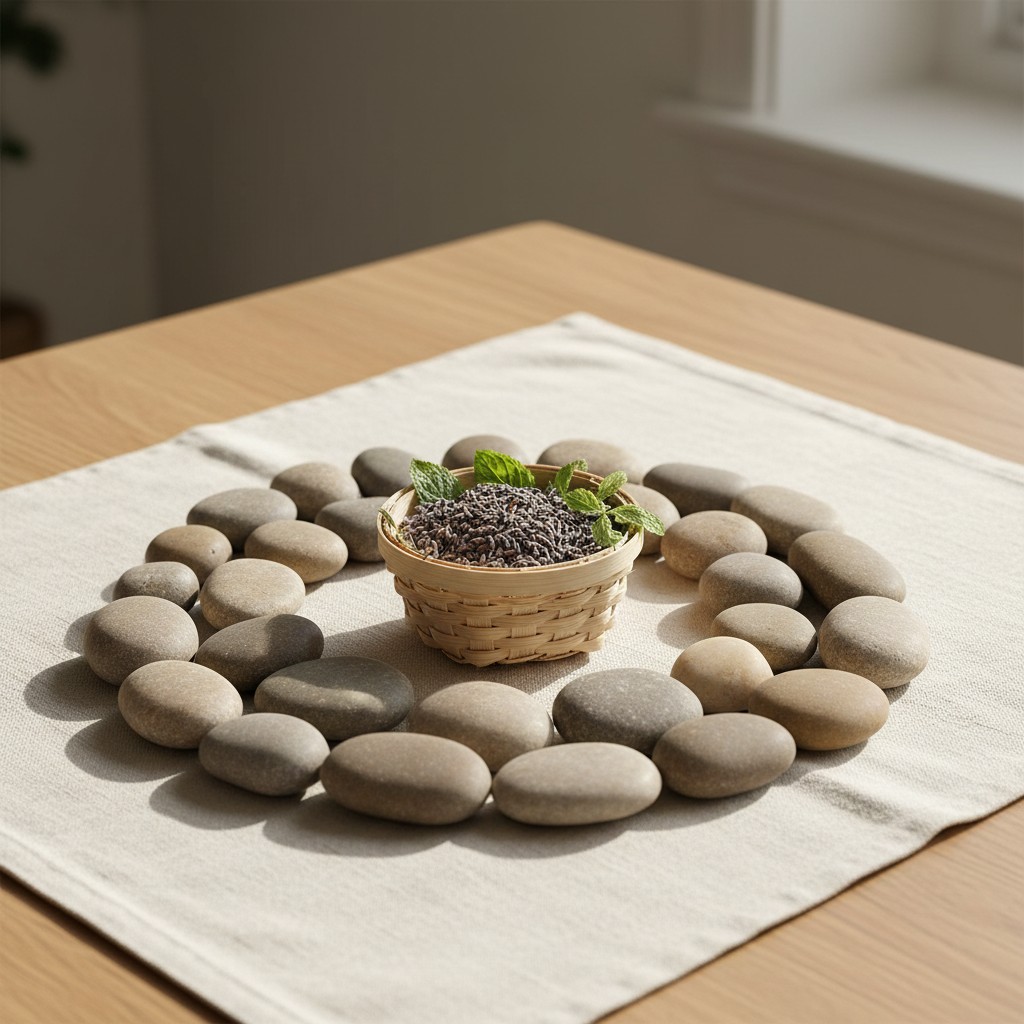 A beige stone arrangement in the form of a circle, with a small sturdy basket of flower heads and a sprig of herbs in the ...