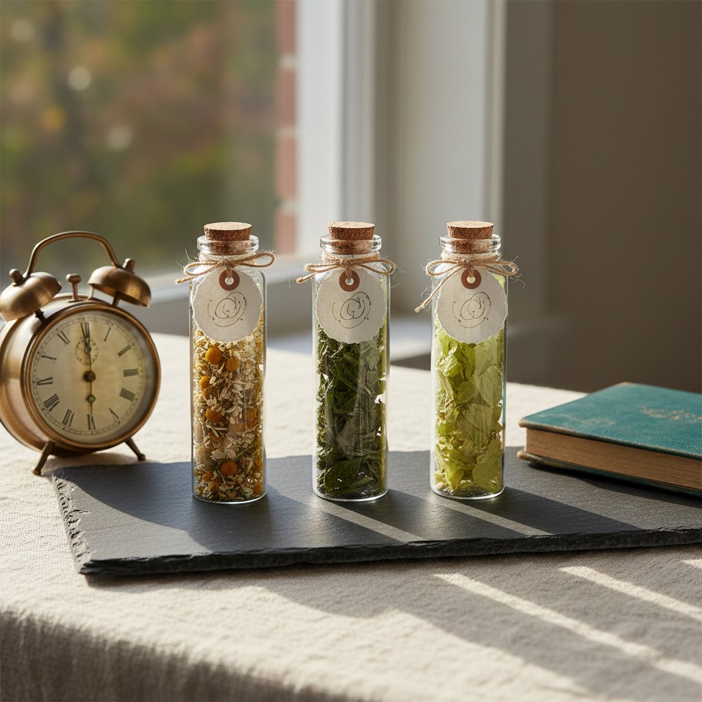 Three bottles of loose-leaf herbs set out in direct sunlight with smooth white table surface on the forefront and a vintag...