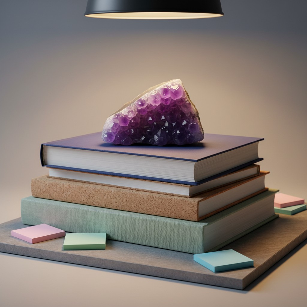 A stack of books with stationary and a large amethyst geode under a lamp.